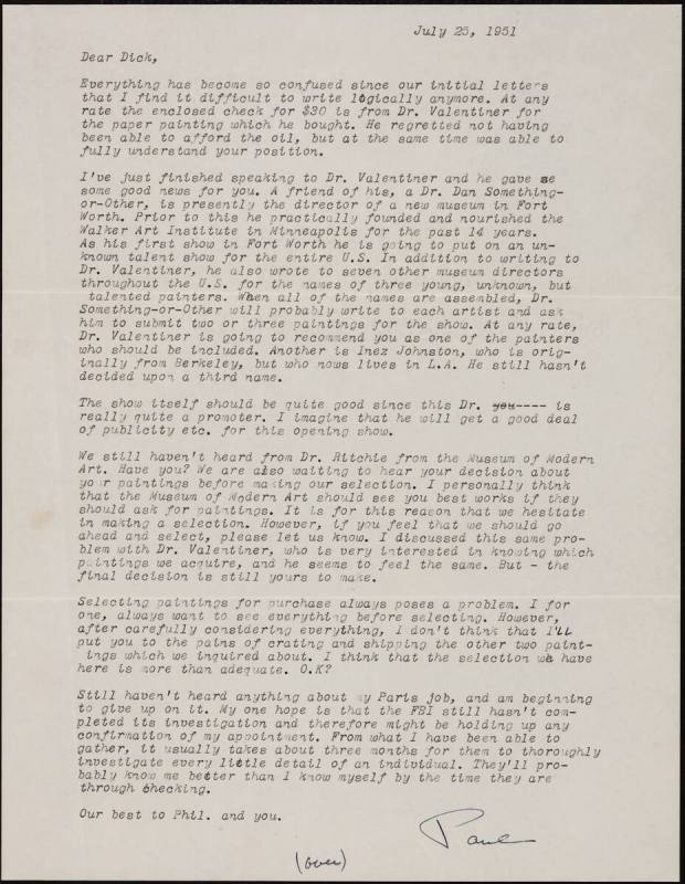 Correspondence from Paul Kantor to Richard Diebenkorn