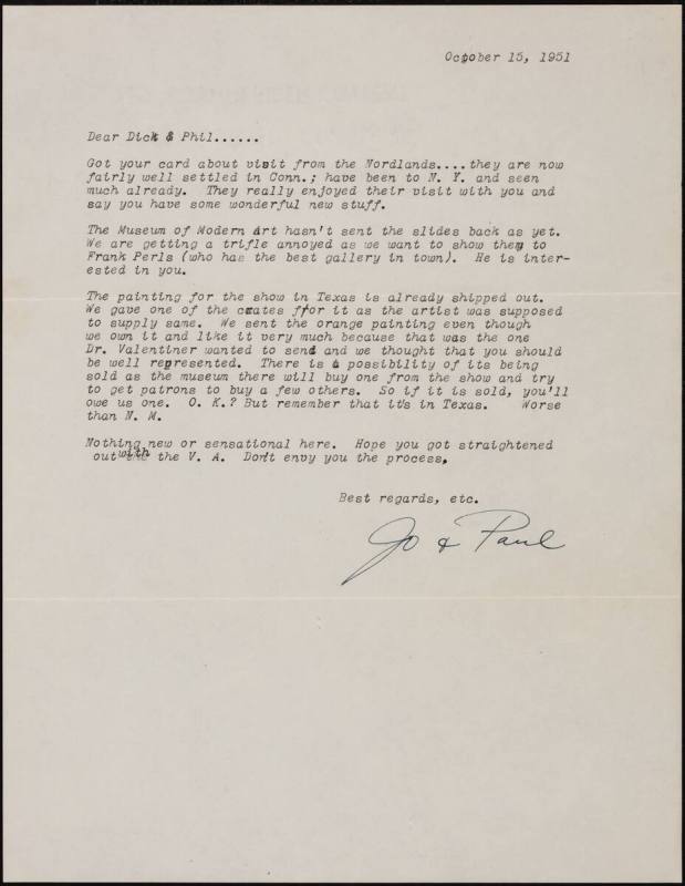 Correspondence from Josephine “Jo” Kantor (later Morris) and Paul Kantor to Richard and Phyllis Diebenkorn