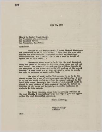 Correspondence from Douglas MacAgy to the Albert M. Bender Grants-in-Aid Committee