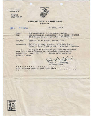 Correspondence from the U.S. Marine Corps Headquarters to Richard Diebenkorn